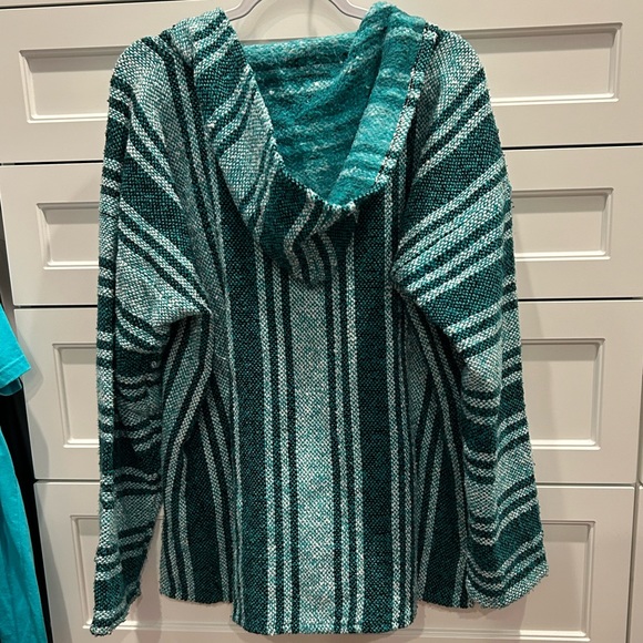 MEXICAN Green Striped Baja Hoodie Unisex Pullover Beach Sweatshirt EUC - Picture 4 of 6